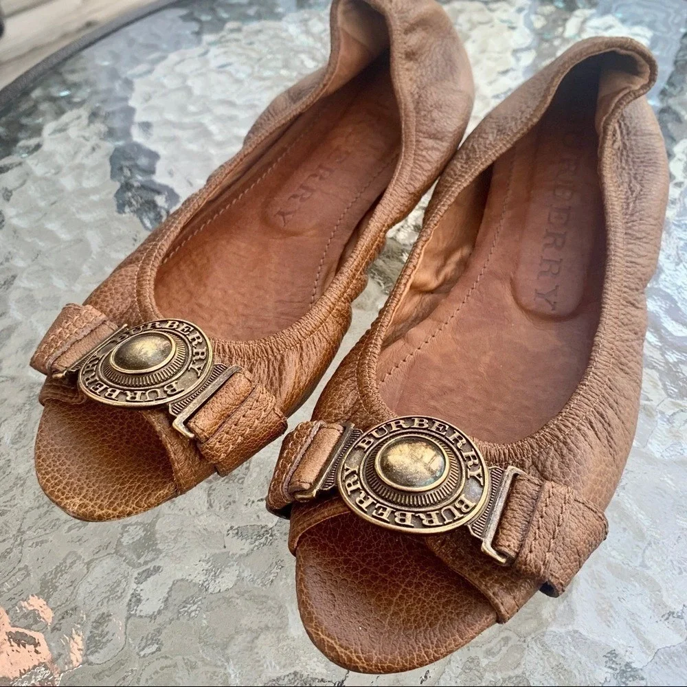 Burberry luxury‎ Leather Medallion Peep Toe flats loafers vintage shoes
